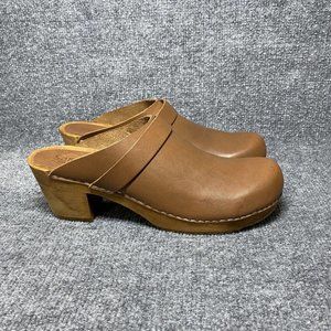 Sanita Wooden Leather Clogs Womens 41 / US 10 Brown Mules Danish Heeled Shoes